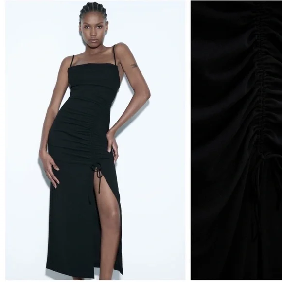 Zara | Dresses | Zara Draped Ruched Midi Maxi Black Dress Size Xs | Poshmark
